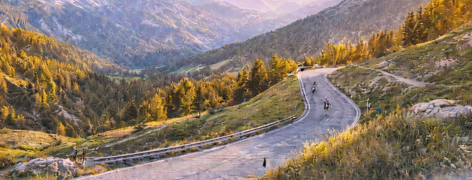 Riders descending an alpine pass road at golden hour in the Italian Alps